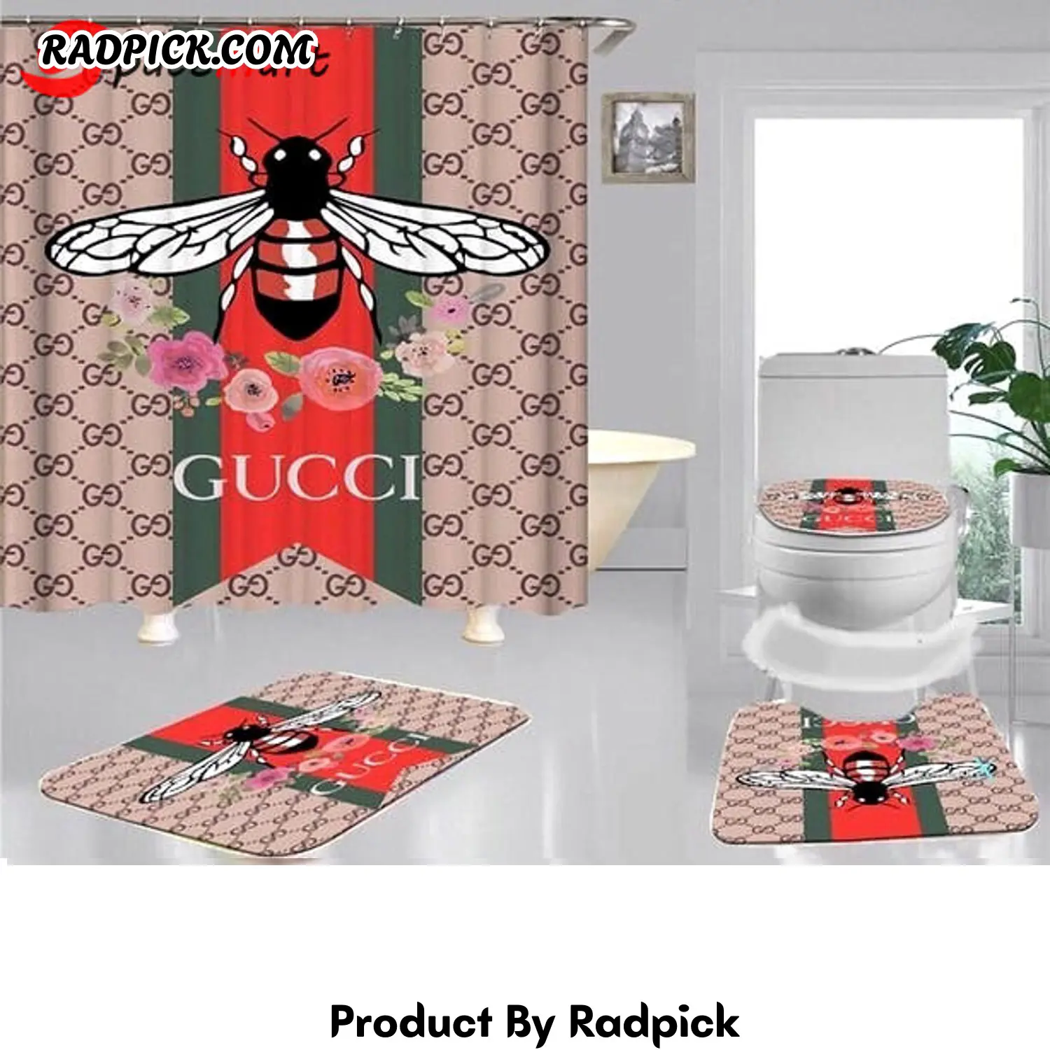 Gucci bee bathroom set hot luxury shower curtain bath rug mat home decor 306 bathroom accessory sets rp387786